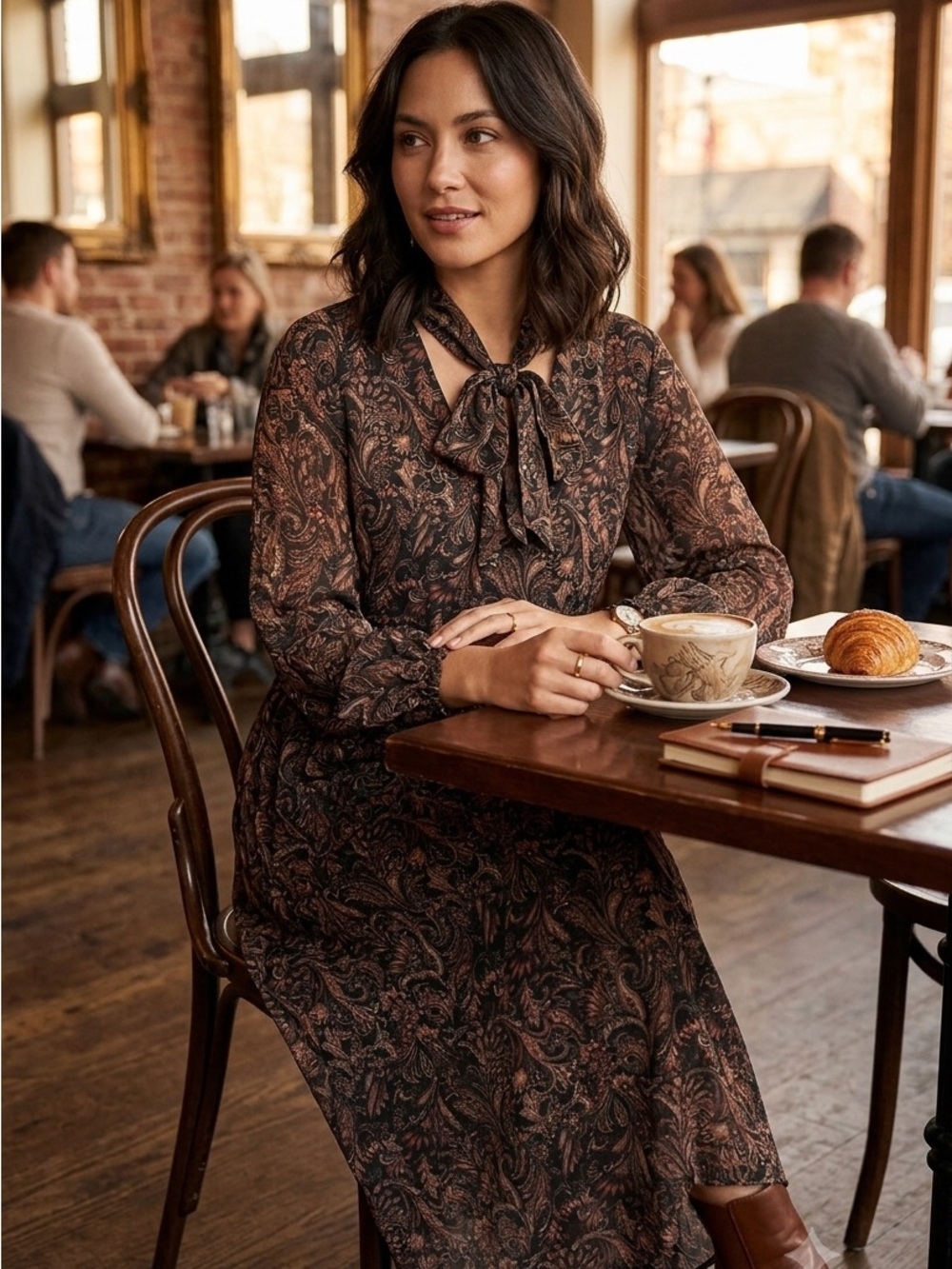 Evereve Brown Paisley Tie-Neck Midi Dress